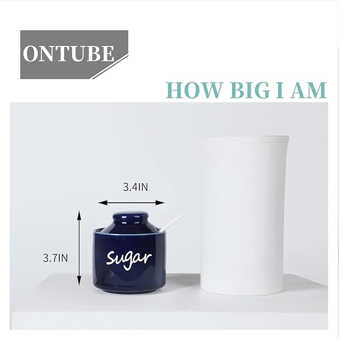 ONTUBE Ceramic Sugar Bowl with Lid and Spoon,Porcelain Sugar Pot,8oz (Navy)