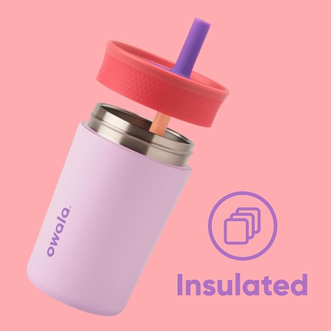 Owala Stainless Steel Triple Layer Insulated Travel Tumbler with Spill Resistant Lid, Pink & Kids Insulation Stainless Steel Tumbler with Spill Resistant Flexible Straw, Easy to Clean