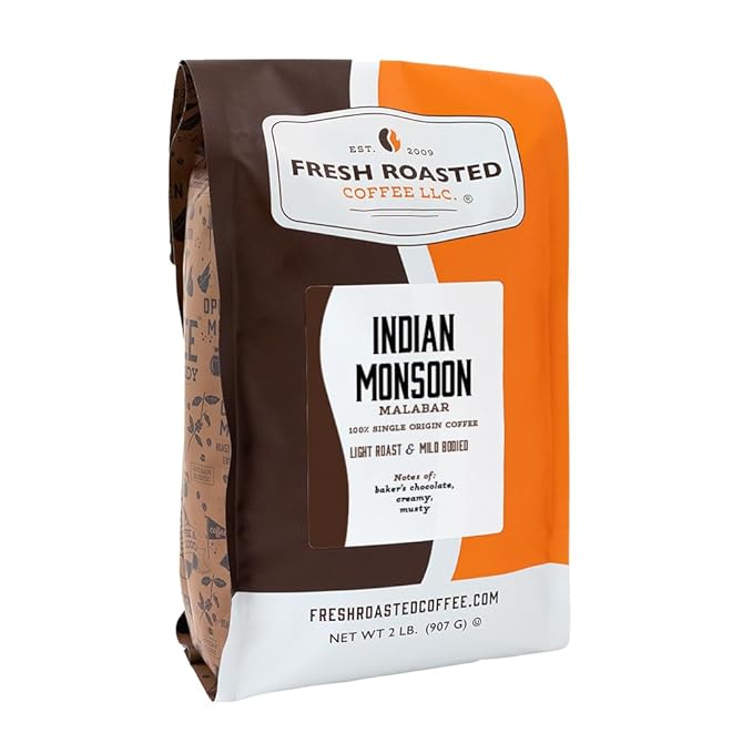 Fresh Roasted Coffee, Indian Monsoon Malabar, 2 lb (32 oz), Light Roast, Kosher, Whole Bean