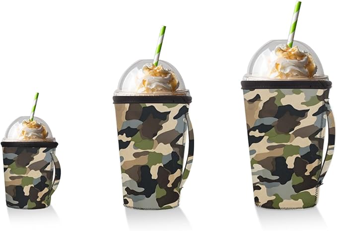 Army Camo Skin Reusable Insulator Coffee Sleeves for Drinks Beverages,Camouflage Neoprene Holder with Handle for Most Coffee or Ice Drink, 30-32oz