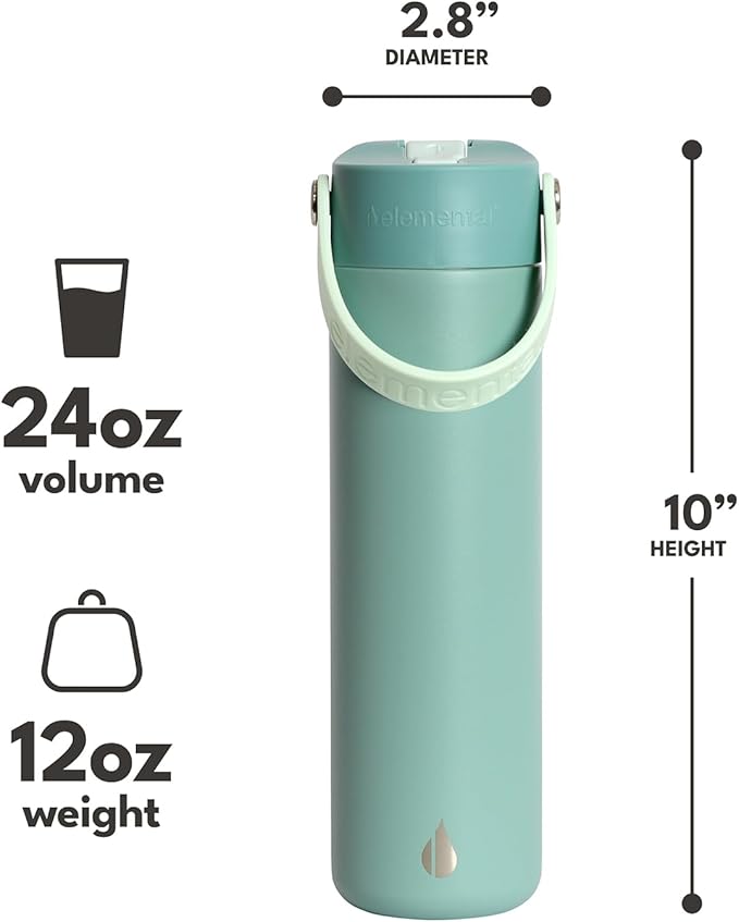 Elemental 24oz Insulated Water Bottle with Straw - 100% Leak-Proof Stainless Steel Core Water Bottles for Travel, Sports and Gym - Double Wall Insulation & BPA Free - Sage