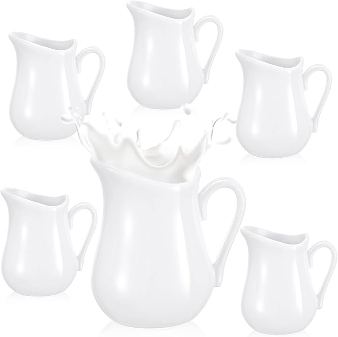 Nuanchu 6 Pcs 4.5 oz Small Creamer Milk Pitcher, Classic White Porcelain Creamer with Handle, Ceramic Maple Syrup Dispenser, Coffee Dairy Container for Milk Sauce Salad, Microwave