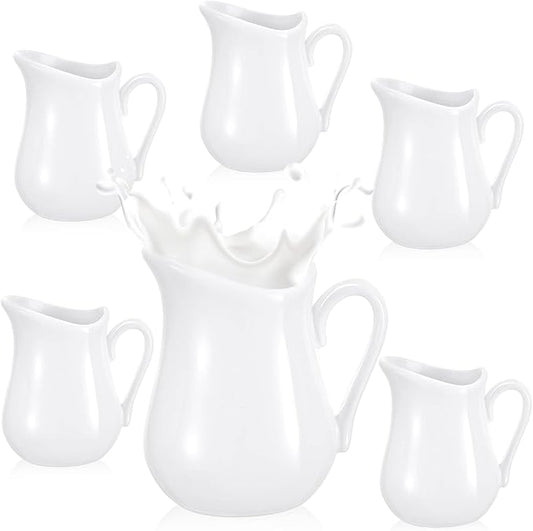 Nuanchu 6 Pcs 4.5 oz Small Creamer Milk Pitcher, Classic White Porcelain Creamer with Handle, Ceramic Maple Syrup Dispenser, Coffee Dairy Container for Milk Sauce Salad, Microwave