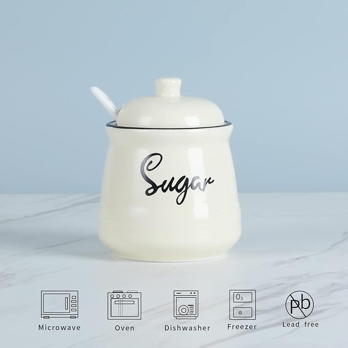HAOTOP Farmhouse Porcelain Sugar Bowl with Lid and Spoon 12oz,Easy to Clean (Beige)