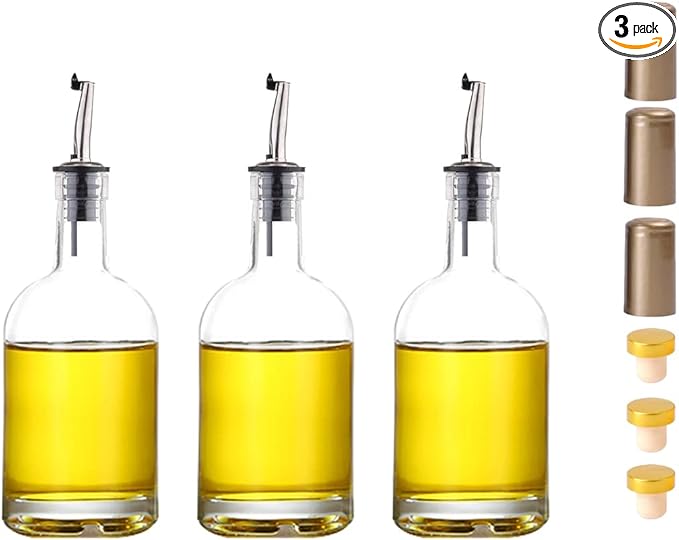 Olive Oil And Vinegar Cruet Small Wine Dispenser Glass Bottles 6 oz (200ml) With Stainless Steel Spout,3 - Pack