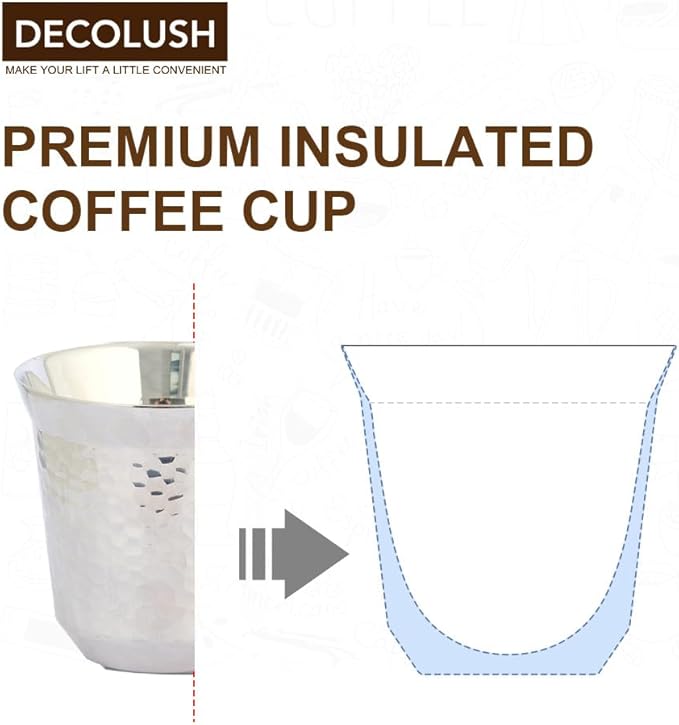 75mL (2.5 Ounce) Stainless Steel Espresso Cups - 4 Pack Double Wall Insulated Cups Demitasse Cups Coffee Cup For Drinking, Drinking Coffee, Drinking Beverages(Silve Hammer texture