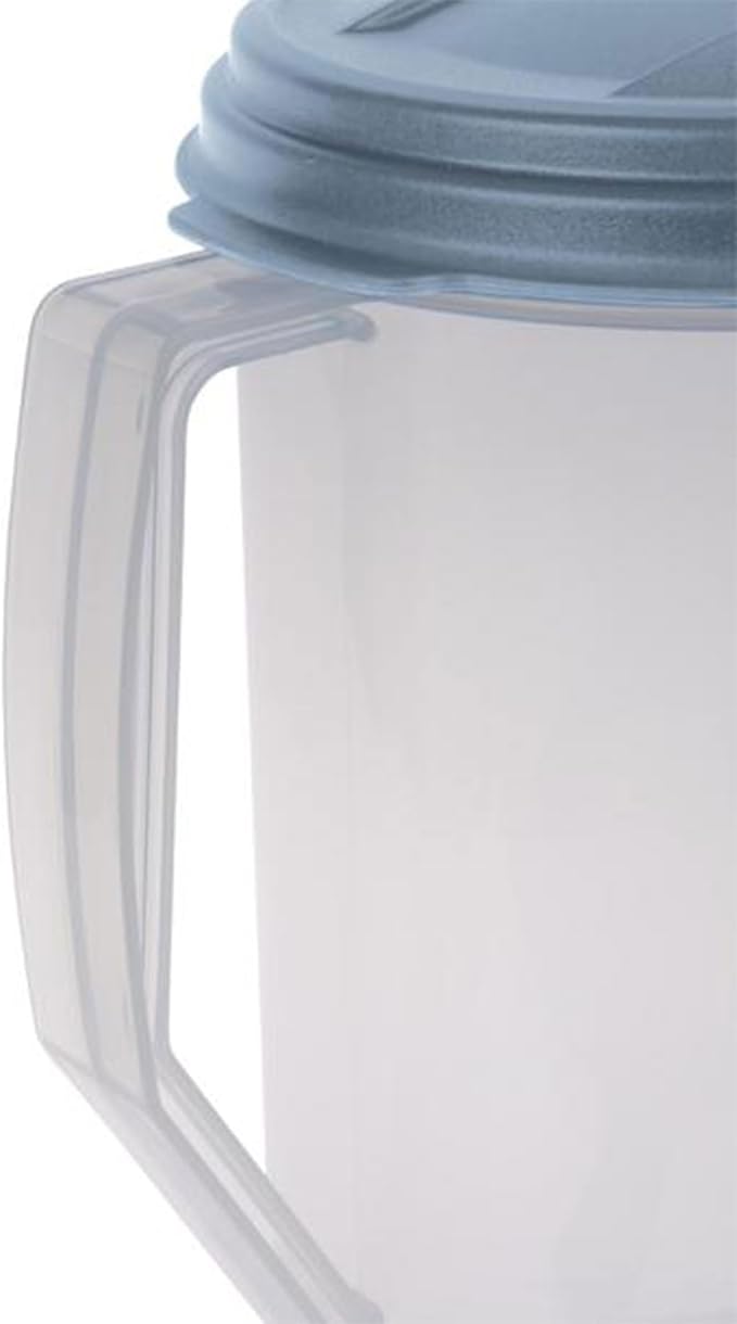 Sterilite 2 Quart Clear Round Plastic Pitcher, Dishwasher Proof with Blue Lid, Spout, and Handle for Easy Pouring, Washed Blue, 6-Pack