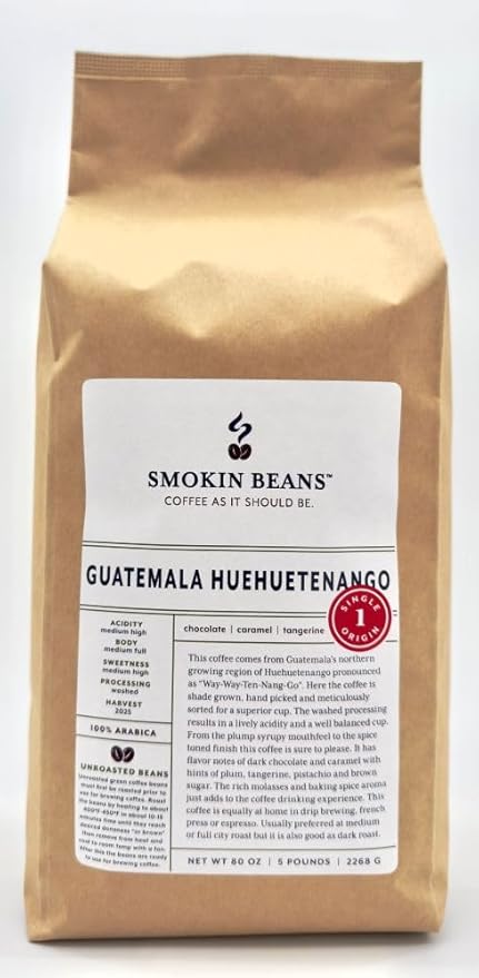 5-pound Guatemala Huehuetenango (Unroasted Green Coffee Beans) premium Arabica Central America fresh current-crop beans for home coffee roasters specialty-grade coffee beans includes a free burlap bag