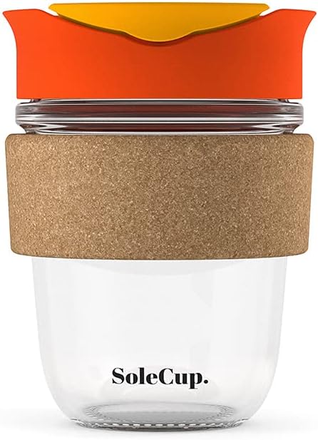 Reusable Strengthened Glass Travel Cup - Spill Proof Insulated Coffee Mug - 12oz/340ml BPA-Free Hot Drink Travel Mug with Lid & Cork Band (Red, 12oz)