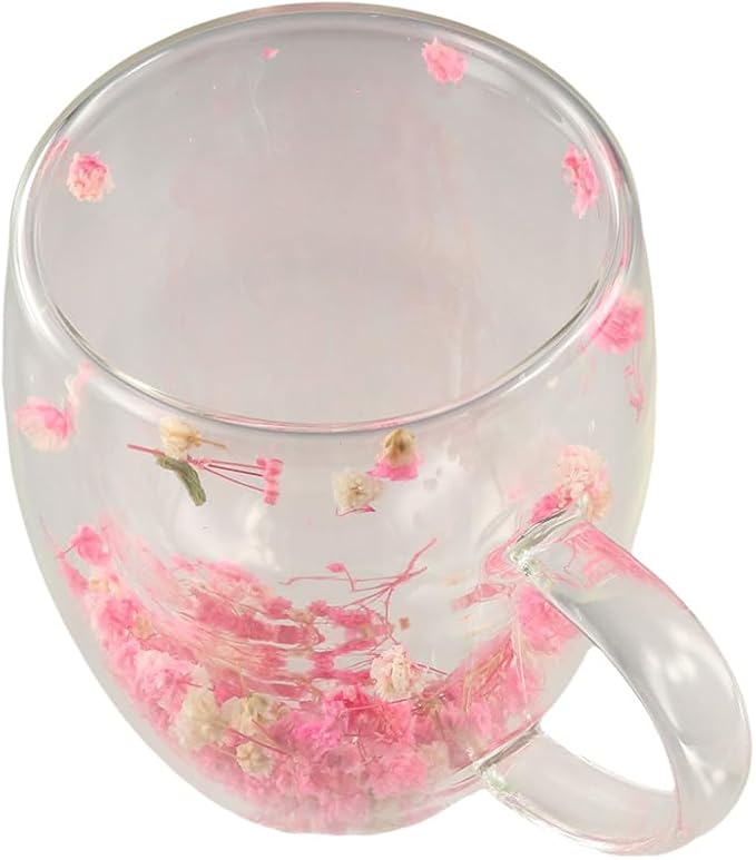Dried Flower Double Wall Glass Coffee Mugs, 350ML Clear Flower Coffee Mug Cup with Handle Insulated Heat Resistant Glass Cup for Tea Latte Cafe Milk Hot Cold Beverages