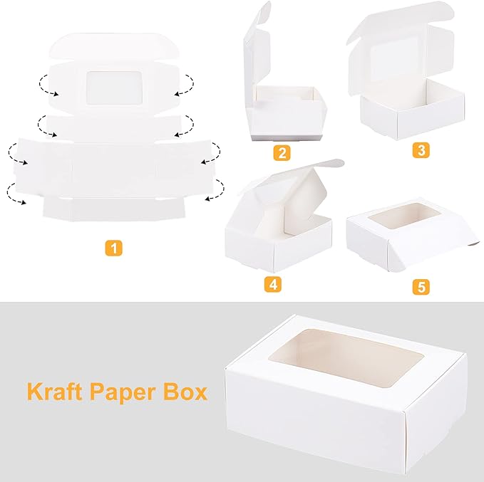 BENECREAT 30 Pack White Kraft Paper Boxes with Clear Window 3.3x2.3x1.1 Inch Gift Packaging Boxes for Bakery Cookies Cake Candy Wedding Party Favors