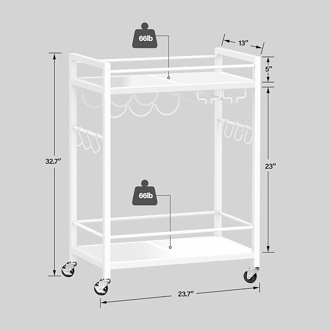 TUTOTAK Bar Cart, Serving Cart for Home, Microwave Cart, Drink Cart, Mobile Kitchen Shelf with Wine Rack and Glass Holder, Rolling Beverage Cart, White BC01BW031
