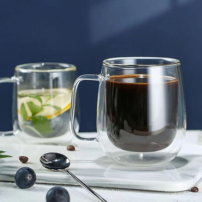 12oz Double Espresso Cups Set of 2 - with Handle, Double Walled Glass Insulated Cup, High Temperature Resistant, Non-Fracturing and Scald Resistant Glass, Transparent