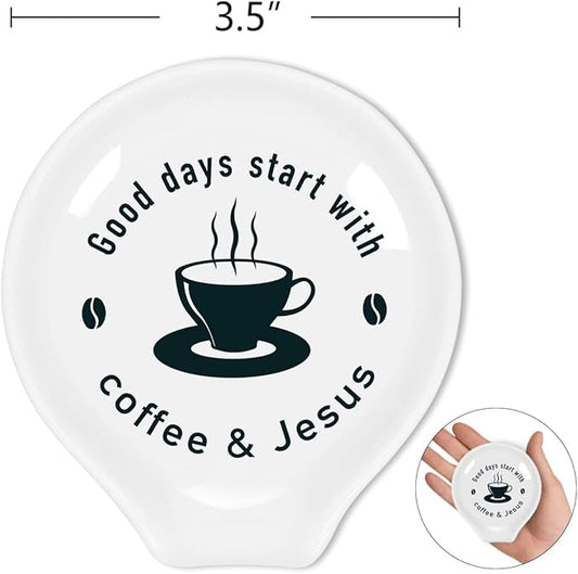 Funny Coffee Quote Ceramic Coffee Spoon Holder-Coffee Spoon Rest -Coffee Station Decor Coffee Bar Accessories-Coffee Lovers Gift for Women and Men (Good Days Start With Coffee and Jesus)