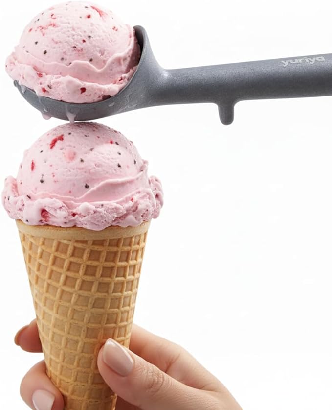 yuriya Aluminum Ice Cream Scoop, Heat-Conductive One-Piece Triggerless Scooper, Self-Standing Elevated Head, Ergonomic 7-Inch Handle, Matte Silver