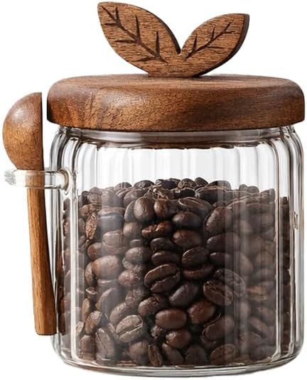Glass Coffee Canister with Wooden Lid & Spoon, Airtight Food Storage Jar for Coffee, Sugar, Salt, Tea & Snacks (17floz)