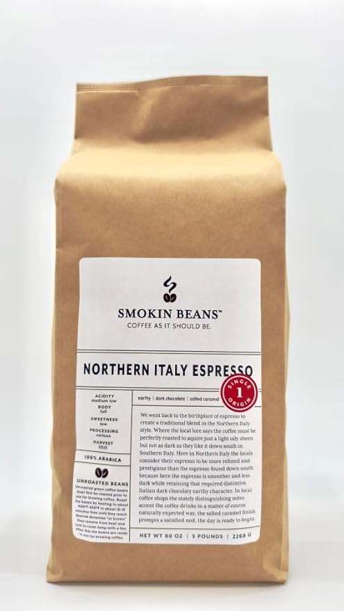 5-Pound Northern Italy Espresso, Unroasted Green Coffee Beans, Fresh Current Crop Specialty Grade, Roast the Beans Yourself at Home on Your Roasting Equipment Prior to Using for Brewing Coffee