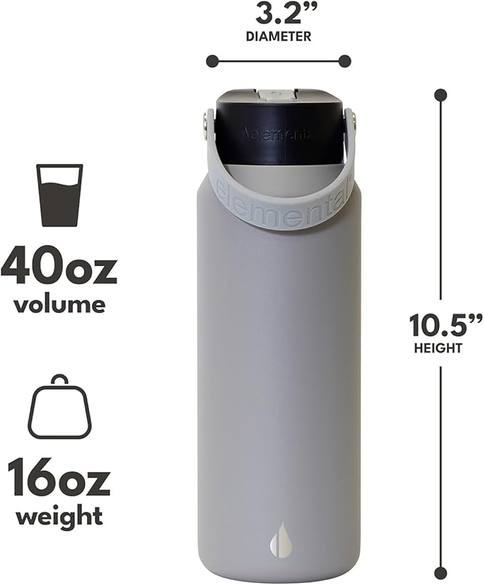 Elemental 40oz Insulated Water Bottle with Straw - 100% Leak-Proof Stainless Steel Core Water Bottles for Travel, Sports and Gym - Double Wall Insulation & BPA Free - Graphite