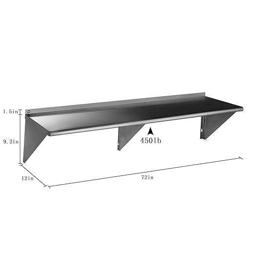 ROCKPOINT Stainless Steel Shelf 12 x 72 Inches 450lb, NSF Metal Commercial Shelves Wall Mount Floating Shelving with Backsplash for Restaurant, Kitchen, Home and Hotel, Silver