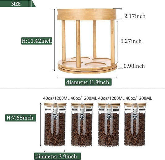 KKC HOME ACCENTS Clear Glass Food Storage Containers with Lids and Wooden Rack Set, Airtight Jar Canister with Bamboo Clamp Lid for Cereal, Dry Food, Coffee Bean, and Sugar,40 Fluid Ounce