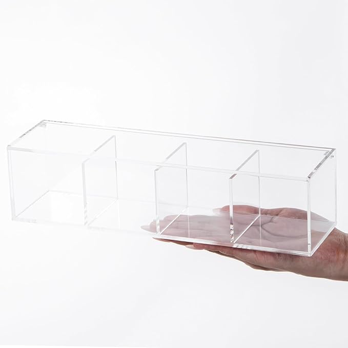 Yeeco Clear Acrylic Capsule Holder with Lid, 4 Section Rectangle Drawer crylic Organizer with Lid 10”×2.6”×2.6” 4 Compartments Desk Cube Containers for Jewelry，Candy，Coffee，Make Up Accessories