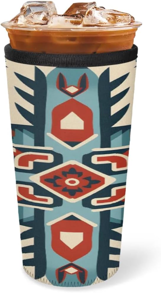 Reusable Iced Coffee Cup Sleeve Aztec Western Neoprene Insulated Sleeves Cup Holder with handle Idea for 24oz - 28oz
