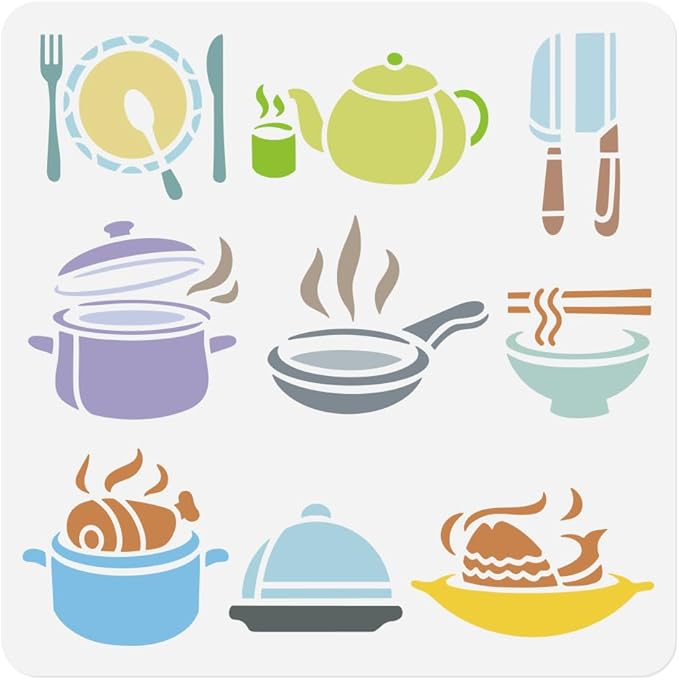 1pc Kitchenware Wall Painting Stencil for Kitchen, 11.8”x11.8” Reusable Stencil for Wood Burning, Paint Templates DIY Craft Art Stencil on Wall Wood Fabric Canvas Furniture Journal