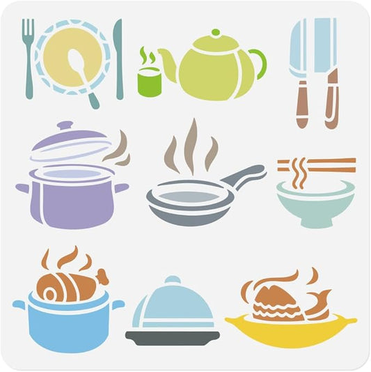 1pc Kitchenware Wall Painting Stencil for Kitchen, 11.8”x11.8” Reusable Stencil for Wood Burning, Paint Templates DIY Craft Art Stencil on Wall Wood Fabric Canvas Furniture Journal