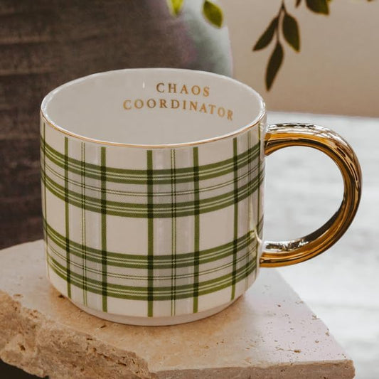 Sweet Water Decor Chaos Coordinator Coffee Mug, 14oz Fine Bone China Mug, Green Plaid Design with Gold Handle & Rim, Large Tea Cup for Hot & Cold Drinks, Gifts for Teachers, Co-Workers & Boss