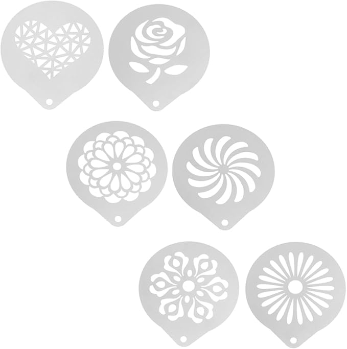 6 Pcs Stainless Steel Coffee Stencils Latte Art Templates for Cappuccino Milk Spray Tools DIY Coffee Decorating for Cakes Cookies and Desserts