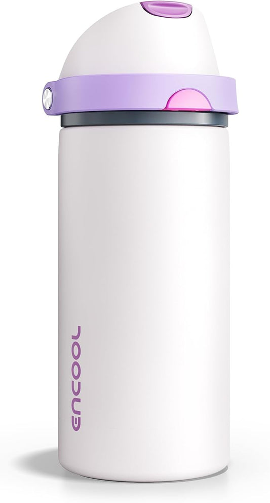Insulated Water Bottle with Straw - Encool Stainless Steel Water Bottle with Push Button Lid, Leak-Proof & BPA-Free, Keeps Cold for 24 Hours for Sports, Travel, Gym (18 oz, Oyster Pink)