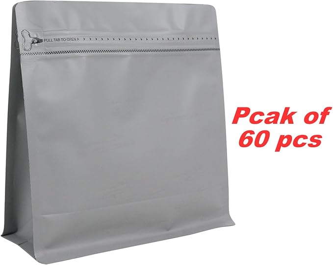 60 Pack High Barrier Stand-Up Coffee Bean Bags with Vented Valve Matte Metallic Heat-Sealable & Resealable Solid Color Pouches (Square,7.7 * 8 inch,1 lb,Gray)