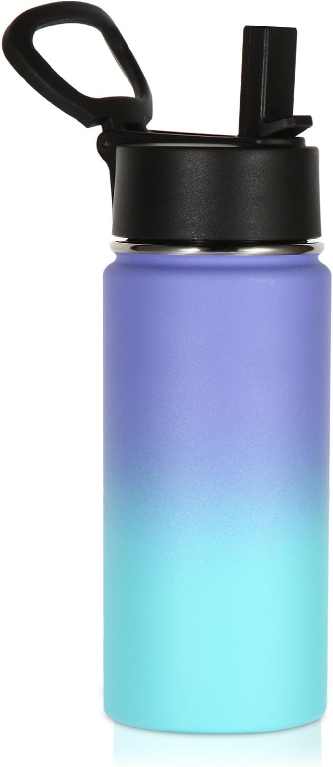 Volhoply Kids Insulated Water Bottle with Straw,16oz Stainless Steel Cold Water Bottles for School,BPA-Free Metal Wide Mouth Cups with Handle,Reusable Double Wall Vacuum Sport Flask(Purple Blue,1)