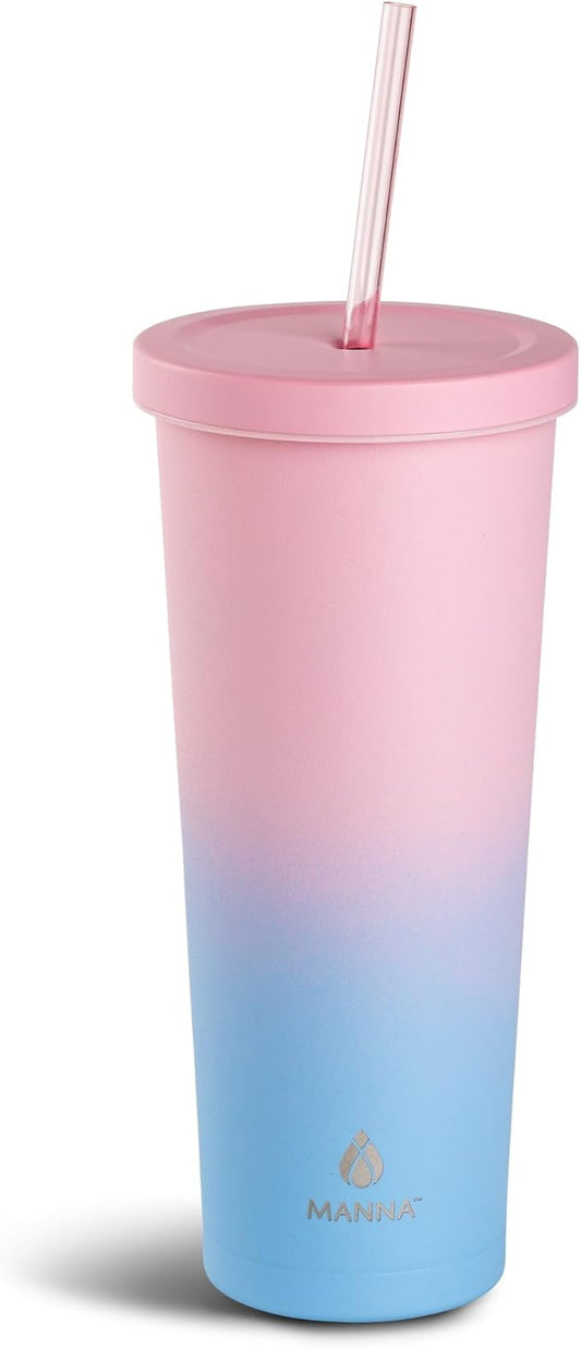 Manna Chilly Double-wall Vacuum Insulated Stainless Steel Tumbler with Splash-proof Lid and Reusable Tritan Straw - 24 Oz - Sky Blue Ombre