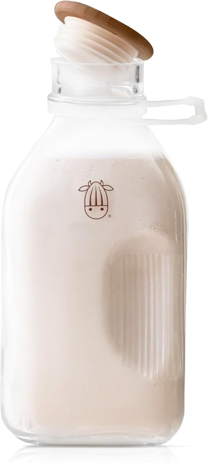 Almond Cow - Glass Pitcher with Lid and Spout, Glass Bottle Milk Container for Refrigerator, Clear Milk Jar Bottles, Food-Grade Liquid Container - 60 fl oz Capacity, 5 x 4 x 10 Inches