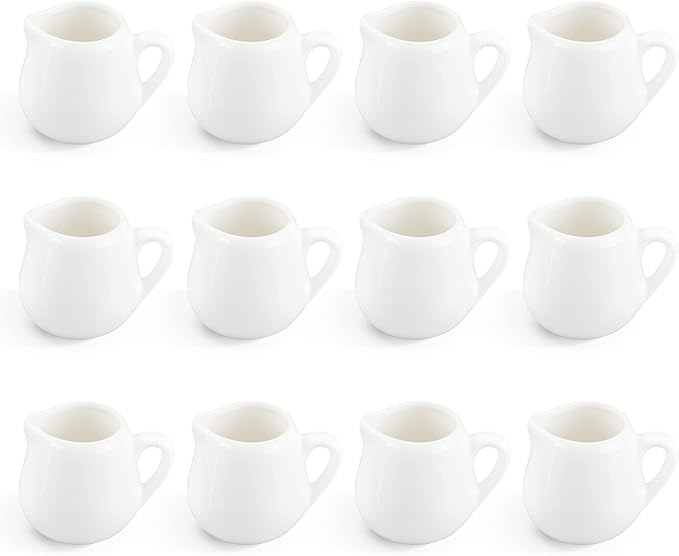 12PCS Mini Ceramic Creamer, 3 OZ Small Porcelain Creamer Pitcher, Small Syrup Pitcher, Coffee Creamer Pitcher, Creamer Dispenser, White Ceramic Pitcher for Coffee Tea Milk Sauce with Handle