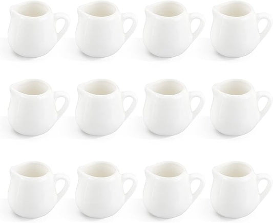 12PCS Mini Ceramic Creamer, 3 OZ Small Porcelain Creamer Pitcher, Small Syrup Pitcher, Coffee Creamer Pitcher, Creamer Dispenser, White Ceramic Pitcher for Coffee Tea Milk Sauce with Handle