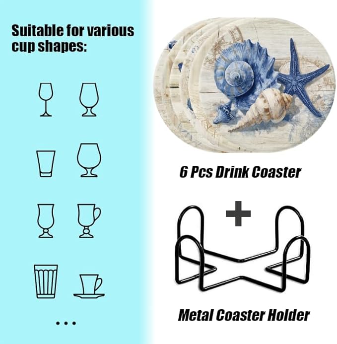 Drink Coasters Set of 6 with Holder Vintage Marine Style Wood Grain Nautical Coasters Cork Base Absorbent Ceramic Coasters,Ocean Themed Gifts,Suitable for Dining Tables & Coffee Tables