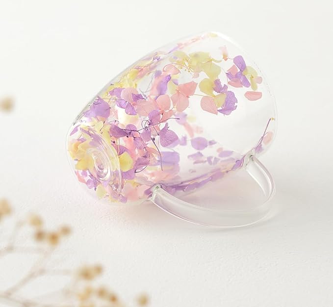 Double Glass Flower Tea Cup, Aesthetic Preserved Flower Cup, Cute Insulated Tea Cup with Handle, Heat Resistant & Lead-free Coffee Mugs, Gifts for Birthday Mother's Day, Perfect for Women Wife Mom (F)