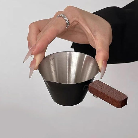 Zonfer Stainless Steel Espresso Shot Cup with Wooden Handle for Coffee Measuring and Brewing, Multi-Purpose Espresso & Milk Ounce Cup with Measurement Marks