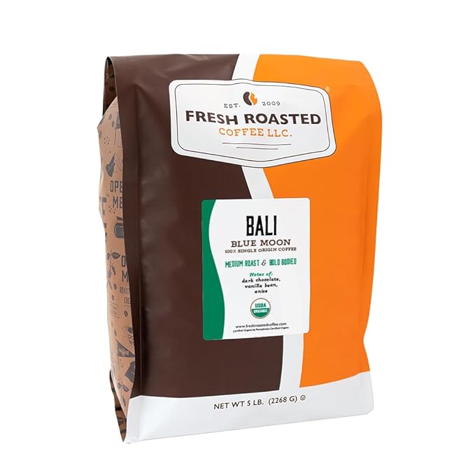 Fresh Roasted Coffee, Organic Bali Blue Moon | USDA Organic, Kosher | Medium Roast 5 lb (80 oz) Whole Bean