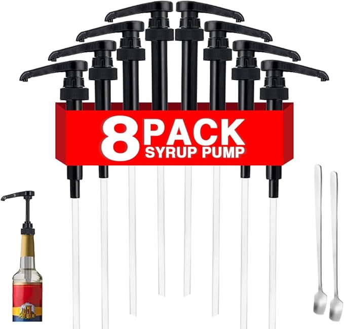 8 Packs Black Coffee Syrup Pump Dispenser, Compatible with 25.4 Oz/750ml Bottles, Great for Home & Coffee Bar Drinking Mixes, Tea, Beverage, Cocktails, Plus Spoons(5.23")