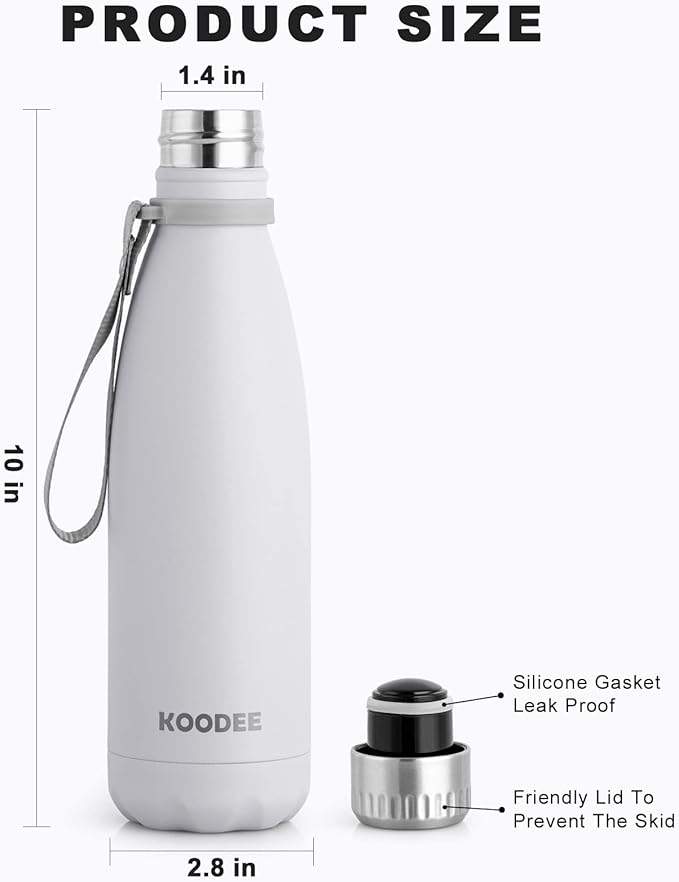 koodee Insulated Water Bottle 2 Pack Stainless Steel Double Wall Vacuum Water Bottle, 17 oz Cola Shape Leakproof Travel Thermal Flask(2 Pack White)