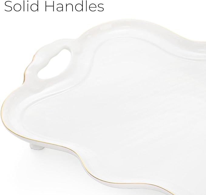 16" Ceramic Serving Tray with Handles, Vintage Large Serving Platter, Luxury British Style Coffee Table Tray, Decorative Dish with Golden Rim, Rectangular Tea Tray for Perfume for Living Room