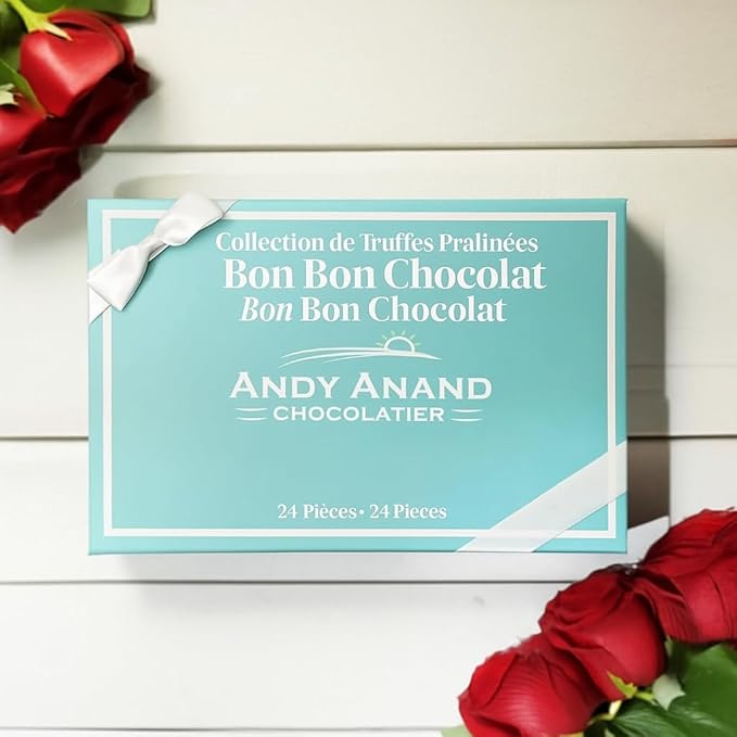Andy Anand Chocolatier 24 Piece Premium Bon Bon Chocolate Collection Assortment, Truffles Gift Box – Exotic flavors, Pistachio Cream, Mint, Tiramisu and More