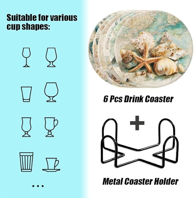 Ocean Coasters Set of 6,Absorbent Drink Coasters Cork Base Non-Slip Coasters,Marine Animal Coastal Beach Decor Coasters,for Apartment Kitchen Bar Decor,for Dining Tables Coffee Table,4in