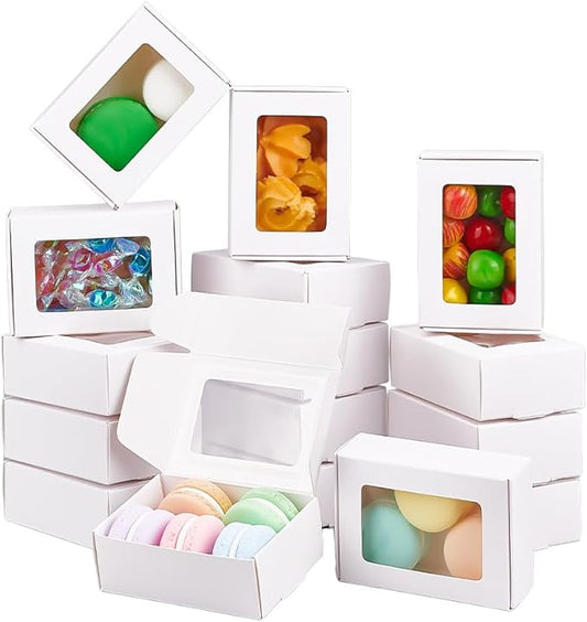 BENECREAT 30 Pack White Kraft Paper Boxes with Clear Window 3.3x2.3x1.1 Inch Gift Packaging Boxes for Bakery Cookies Cake Candy Wedding Party Favors