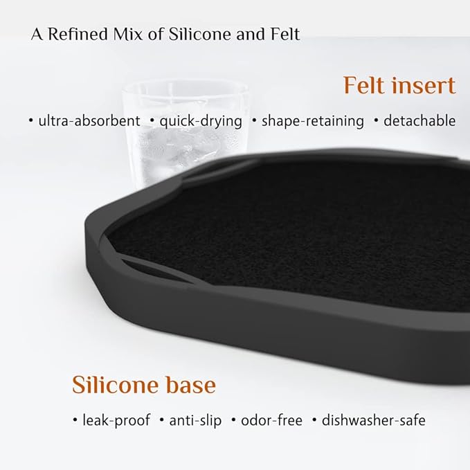 UMIRRO Absorbent Coasters for Drinks with Holder, Black Silicone Cup Coaster with Felt Insert for Coffee Table Decor, Small Unique Birthday Gift Ideas for Men, Dad, Him, Women Mom, Her, 4", Set of 6