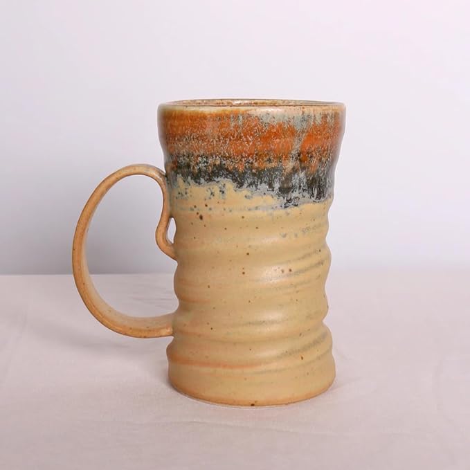 17oz Large Unique Cool Tall Handmade Ceramic Coffee Mug with Comfortable Big handle, Big Pottery Tea Mug, Artisanal Stoneware Coffee cup, Rustic Lead-free Tea Cups, Microwave safe,Biege and Brown