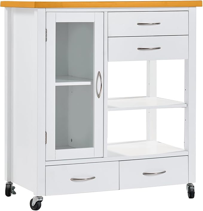 Kitchen Island Cart with Storage - Portable Bar Rolling Storage Cabinet on Wheels, Cart Side Table with Walnut Wood Top, Drawers, Sideboard Buffet with Towel Bar, Dinning Room, White